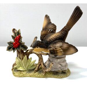 Vintage Christmas Royal Crown Ceramic Bird Figurine With Holly Red Berries & Tre